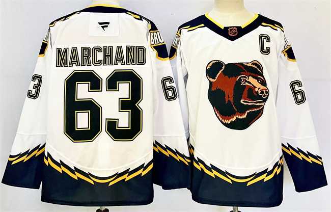 Mens Boston Bruins #63 Brad Marchand White 2024-25 With C Patch Reverse Retro Home Stitched Hockey Jersey